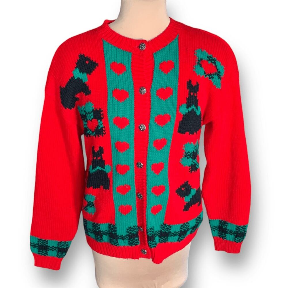 90s Karen Scott Bright Red Scottie Dog Cardigan Cropped Knit Plaid Hearts Print